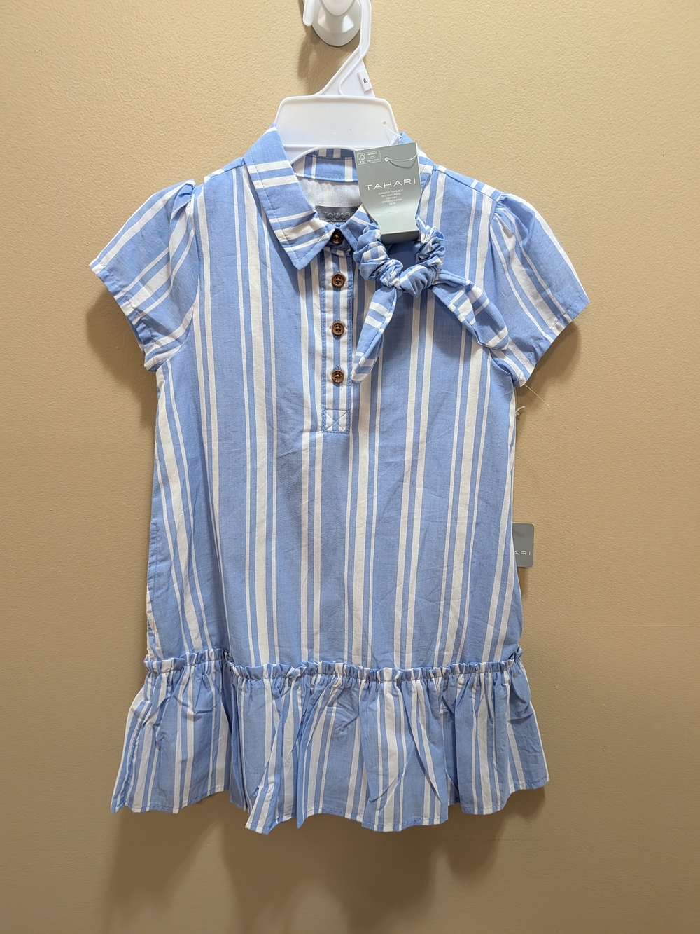 Tahari Light Blue & White Striped Girls' Polo Dress w/Hair Bow Size 6 NWT NEW!